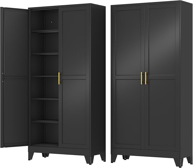 Metal Storage Cabinet with 2 Doors and 5 Adjustable Shelves - 75.2" Steel File Cabinet,Tool Cabinets for Office,Home,Garage,Gym,School (Black)
