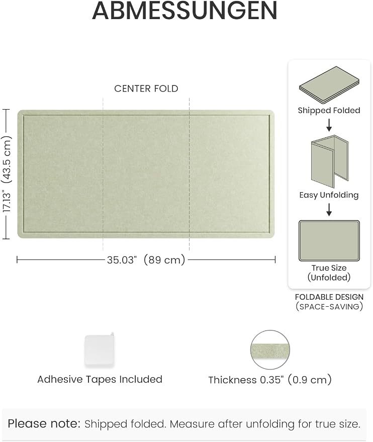 Fluxynara 35" x 17.1" Bulletin Board, Sage | Cork Board Alternative with 12 Removable Adhesive Tabs, Foldable Felt Pin Board for Home, Office, Classroom & Dorm