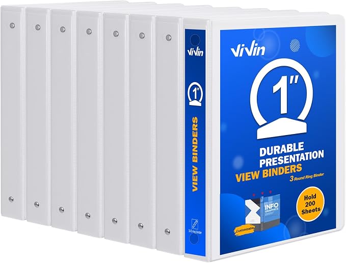 ViVin 1 Inch Binders 3 Ring, One Inch Binder, 8 Pack, White | Sturdy, 2 Interior Pockets, Clear View Cover, PVC-Free, Fits 200 Sheets of 8.5'' x 11'' Paper, Office Home School use