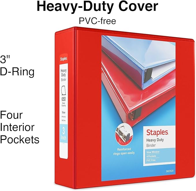 Staples Heavy-Duty 3-Inch D-Ring View Binder, Holds Up to 600 Sheets, Reinforced Spine, Red, for Office, School & Home