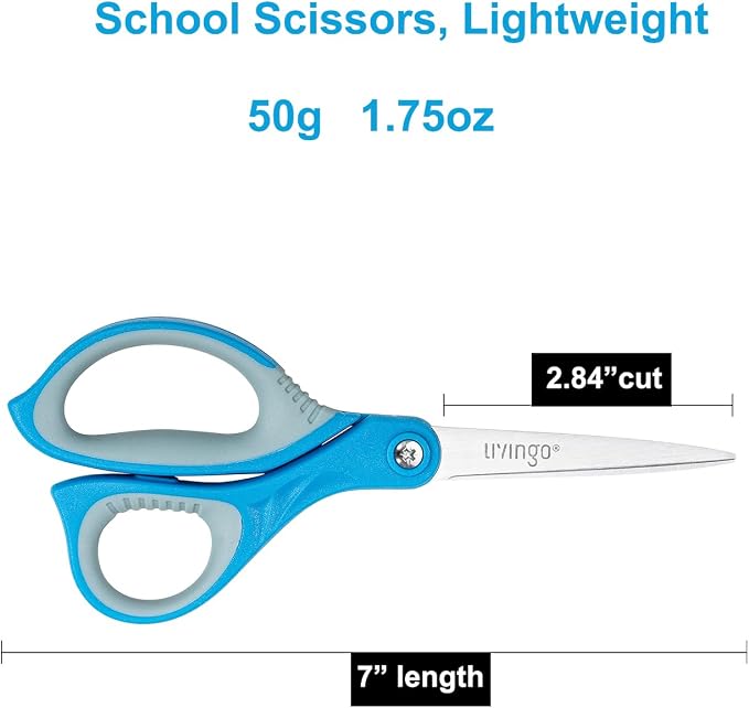 LIVINGO Kids Scissors 7" School Craft Scissors Pointed Tip 3 Pack | Sharp Cutting Blade, Ergonomic Comfort Grip, Middle High School Students, Home Office Craft Projects, Assorted Colors