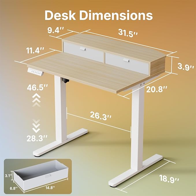 HUANUO 32 x 21 inch Small Electric Standing Desk with 2 Drawers, C-Clamp Mount Compatible, Height Adjustable Sit Stand Desk, Home Office Stand Up Desk with 4 Memory Height Settings, Light Walnut