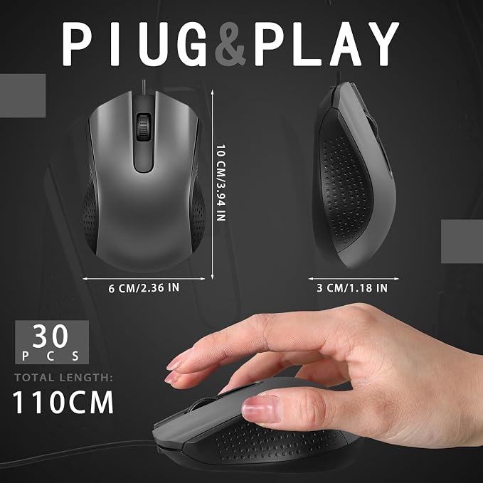 Bonuci 30 Pack USB Wired Mouse 3 Button Corded Computer Mice Bulk USB Mouse for PC Desktop, Laptop, Office, School, Classroom Use(Gray)