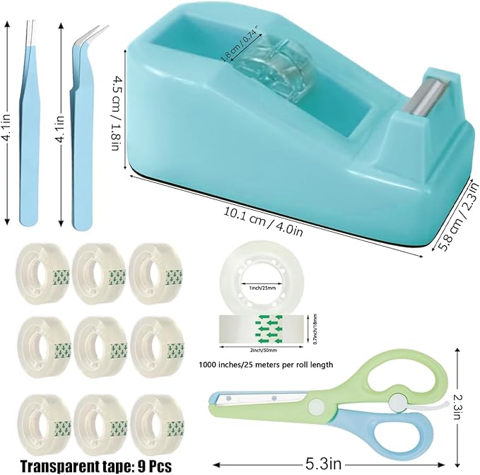 Desktop Tape Dispenser Kits with Weighted Nonskid Base Tape Dispenser- Includes 9 Rolls of Transparent Tape(0.71 Inch x 500 inches Each) & Blue Scissors, 2 Pcs Tweezers (Lake Blue)