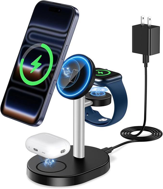 2026 3 in 1 Wireless Charging Station for Apple MagSafe Charger, 15W Fast Magnetic Mag-Safe Charger Stand for iPhone 17 16 15 14 13 12 Apple Watch AirPods Series, Gray&Black