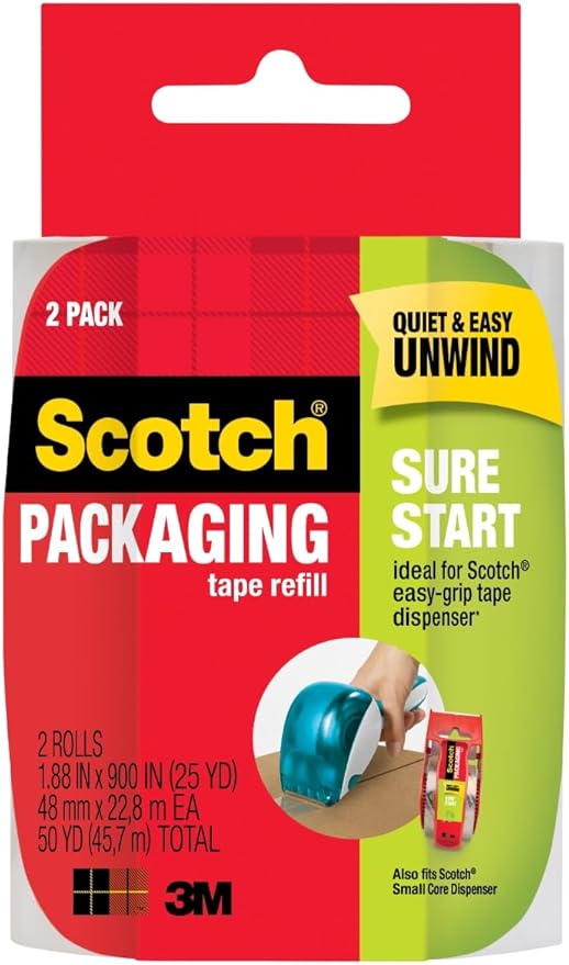 Scotch Sure Start Packing Tape, Clear, Quiet Unwind and Easy Start, 1.88 in. x 25 yd., 2 Tape Rolls