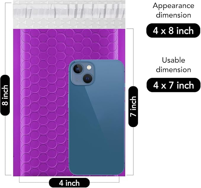 Fuxury Bubble Mailers 4x8" Purple 200Pack Padded Envelopes Usable Size 4x7" | Thick Mailing Envelopes Bubble Opaque Padded Mailers Shipping Bags for Mailing Jewelry Makeup Trading Card Small Business#000