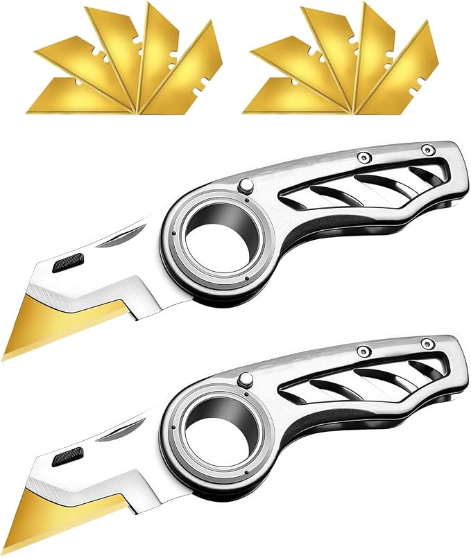 2 Pack Heavy Duty Box Cutter Pocket Folding Utility Knife with Safety Finger Loop & 10 Long-Lasting Gold Titanium Blades for Breaking Down Cardboard, for Home, Office, Warehouse (Gray)