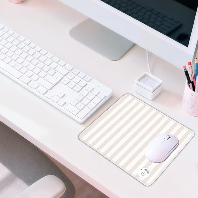 Mouse Pad for Desk with Stitched Edge, Premium Cute Washable Mouse Pads. Computer Mousepad with Non-Slip Rubber Base, Mousepads for Laptop, 9.25x7.75x0.12 inch (Cream Stripes)
