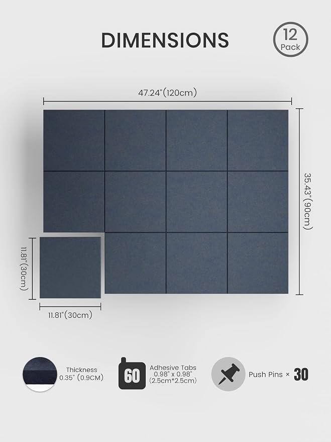 Bumusty 48" x 36" Large Cork Board Alternative, Deep Charcoal Blue | 12-Pack Felt Bulletin Board Tiles, 60 Adhesive Tabs, 30 Pushpins, Home, Office, Classroom, Vision Board