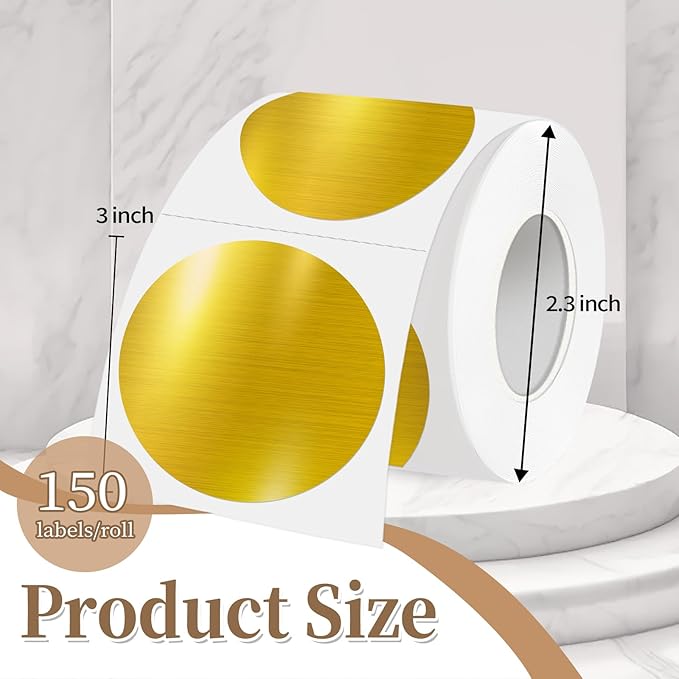 3 Inch Holographic Thermal Labels,Round Thermal Printer Labels,Waterproof Thermal Printer Stickers for DIY Logo Design,Name Tag,QR Code,Thanks Card 150 Labels/Roll (Brushed Gold)
