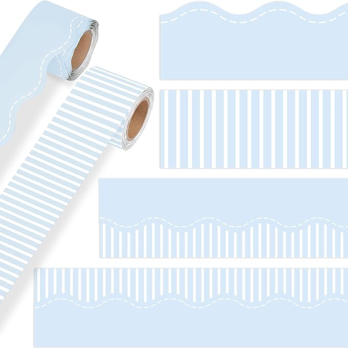 2 Rolls 65.6ft Marcaron Blue Striped Bulletin Board Borders Decoration Scalloped and Straight Edge Blue Bulletin Borders Board Trim for Office School Classroom Chalkboard Party Decoration