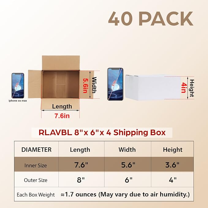 RLAVBL 8x6x4 Shipping Boxes Set of 40, White Corrugated Cardboard Box for Packing, Mailing, Business