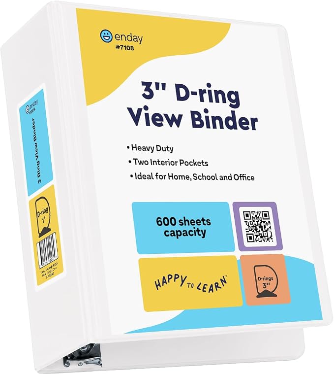 Enday 3 Inch Binder White 3 Ring Binder 3 Inch, Heavy Duty Three Ring Binder, 600 Sheets Capacity - 3 Inch Binder for Home School and Office