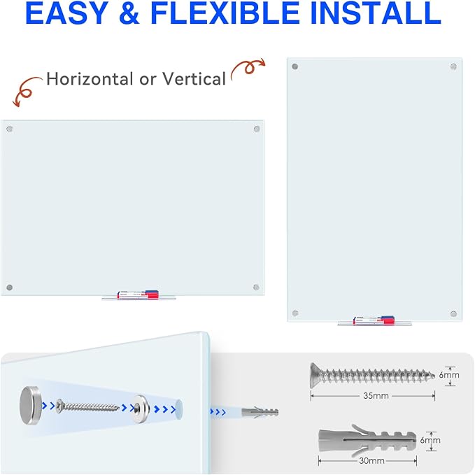 Maxtek Magnetic Glass Whiteboard 48x 32 in, Frameless Glass Board for Wall | Glass White Board Dry Erase Wall Mounted, Strong Magnetic Surface, Markers, Magnets, and Eraser for Classroom, Home, Office