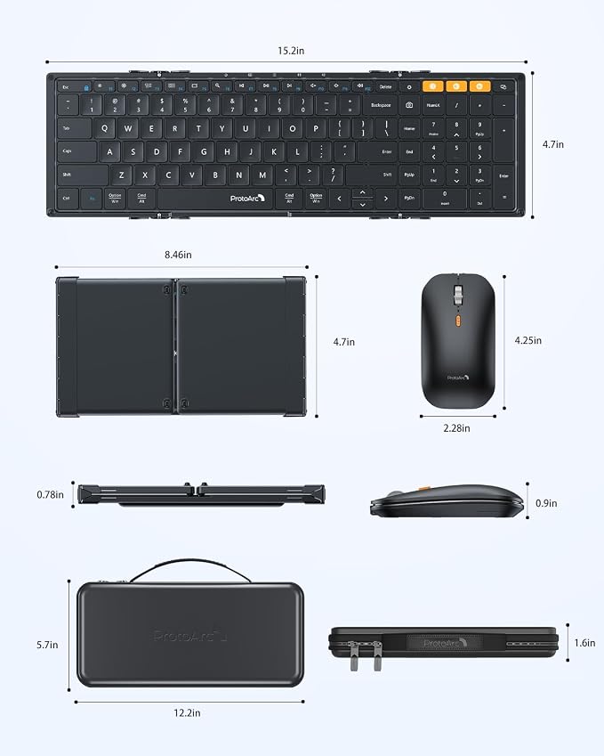 ProtoArc XKM01 Full-Size Foldable Keyboard Mouse Combo for Travel - Black | 105-key keyboard, slim mouse, hard case and phone stand; 3-device Bluetooth & 2.4G switching, for travel office use