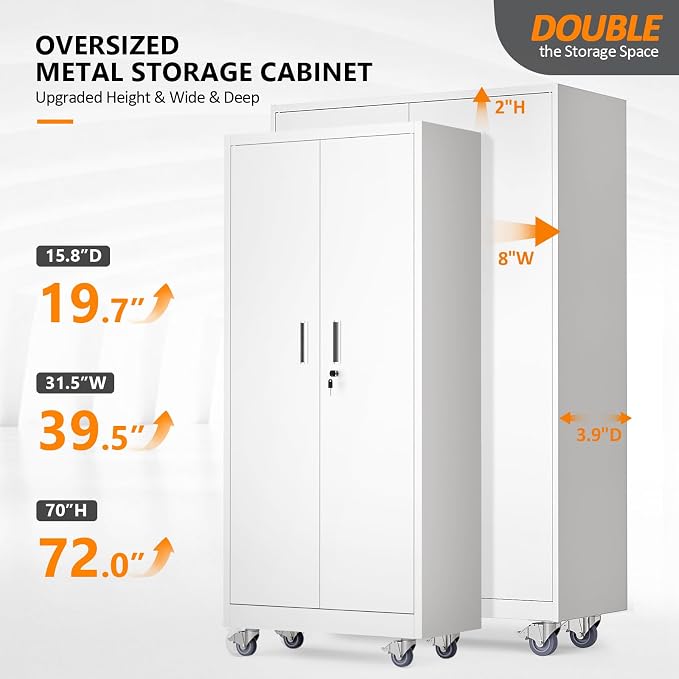 VINGLI Large Metal Storage Cabinet with 2 Doors and 5 Adjustable Shelves, Upgraded Height & Wide & Deep, 40''W x 20''D x 72''H, Oversized Garage Storage Cabinet with Wheels and Locks (White)