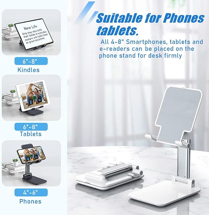 Phone Stand for Desk, Cell Phone Holder Cute Smart Cellphone Stand Foldable Stands Compatible with Under 8" Devices, Office Accessories, White-Pink
