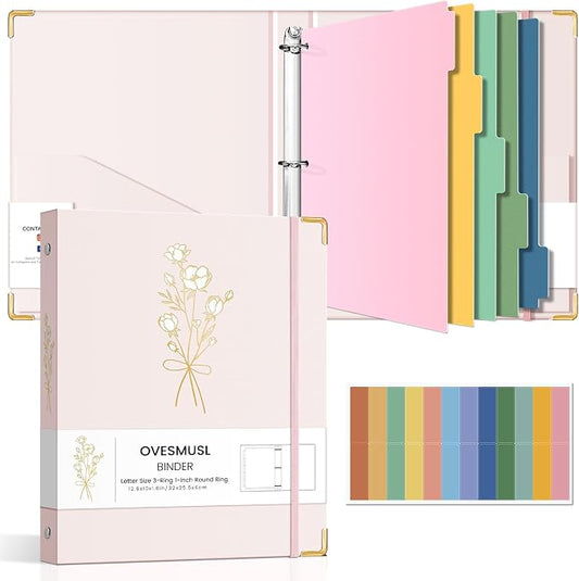 Aesthetic 3 Ring Binder 1 Inch Cute Three Round Rings Binders with Dividers | Suitable for 8.5 x 11 Letter Size Paper Loose Leaf Binder with 2 Pockets for School Work