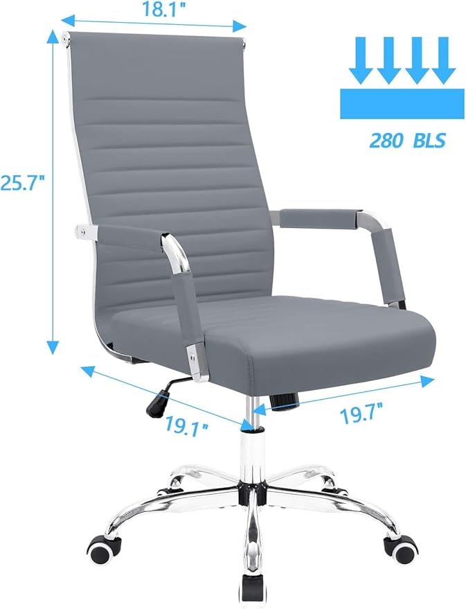 Furmax Ergonomic Office Desk Chair, Executive Ribbed Mid-Back PU Leather Conference Room Chair Adjustable Swivel Chair with Arms (1, Grey)