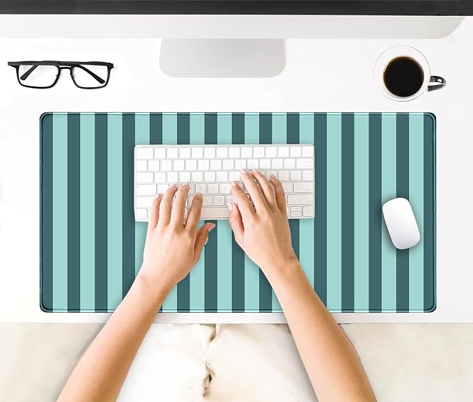 Teal Blue Striped Desk Mat Cute Pastel XXL Large Gaming Mouse Pad Desk Pad Kawaii Cozy Aesthetic Keyboard Laptop Computer Mat