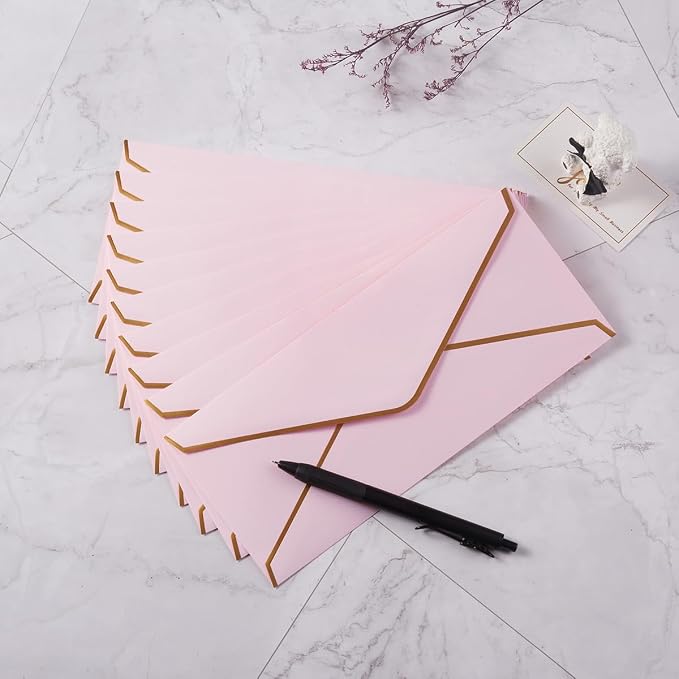 30 Pack #10 Business Envelopes with Stickers, Thick Paper, Light Pink | 4 1/8 x 9 1/2 Inches, Self Seal Standard Envelopes with Gold Border For Letter Mailing, Greeting Cards