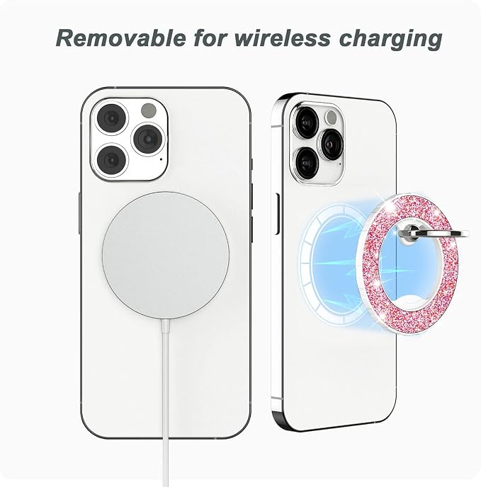 Magnetic Phone Ring Holder for magsafe, Glitter Magnetic Grip Compatible with iPhone 17 16 15 14 13 12 Pro max,Pro,Plus,Mini,Pixel 10 Series Mag Safe Accessories,Adjustable Kickstand,Pink