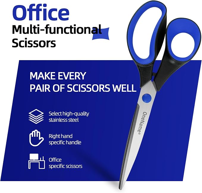 OneName 8" Heavy Duty Scissors All Purpose for Office School Crafts,Black | 3 Pack,Ergonomic Comfort Grip,Ultra Sharp Pointed Tip,Left & Right Handed,Cutting Paper Fabric Packaging,for home