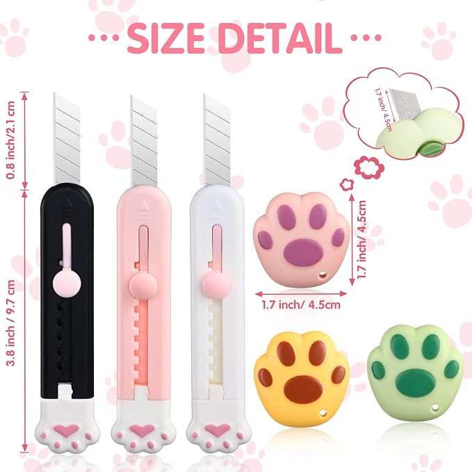6 Pcs Cute Paw Box Cutter Kawaii Cat Retractable Letter Opener Adorable Tiny Paper Knives Mini Art Utility Knives Portable Carton Cardboard Cut with Hole Smooth Mechanism for Office Home