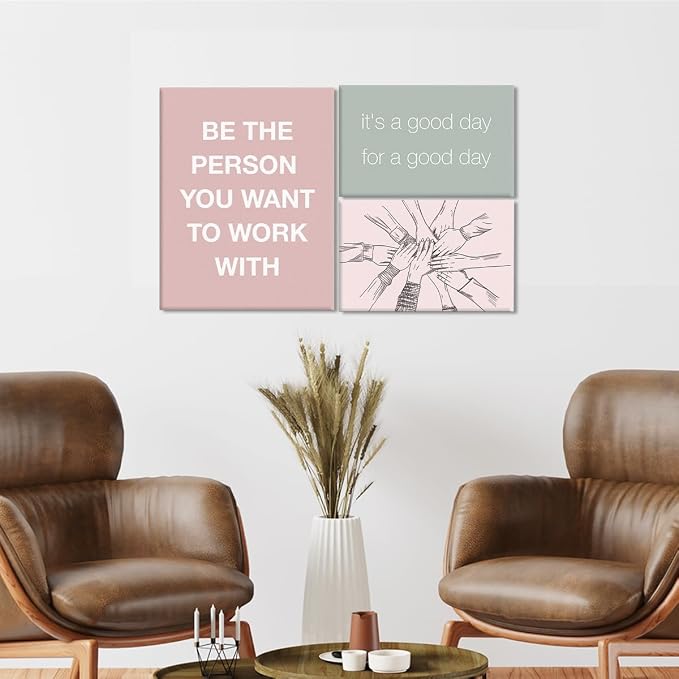YEOION Inspirational Office Wall Art for Women,Motivational Teamwork Wall Decor for Office,Light Pink and Green Postive Quote Workplace Canvas Wall Art for Set of 6