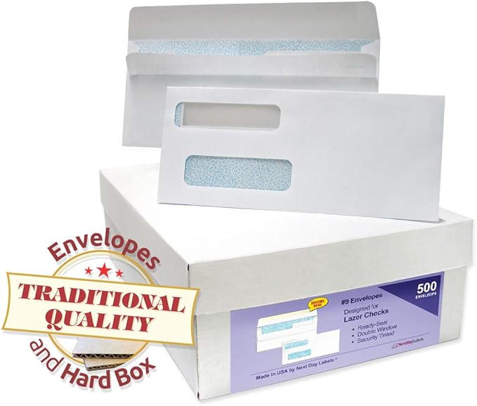 NextDayLabels #9 Double Window Check Envelopes - 500 Pack Ready-Seal Security Tinted Envelopes for QuickBooks, Sage 100, Blackbaud Checks - Self-Sealing Laser-Compatible - Made in USA