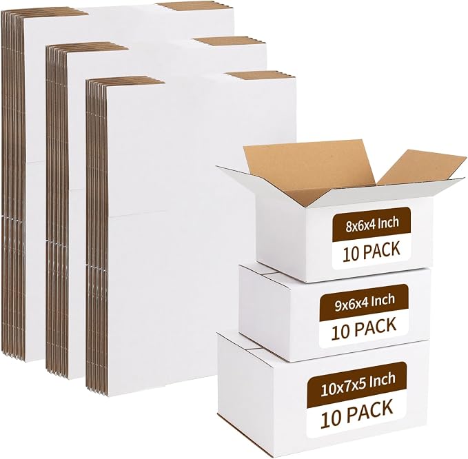RLAVBL 30 Pack Shipping Boxes Assorted Sizes 8x6x4 & 9x6x4 & 10x7x5, White Corrugated Cardboard Mailers for Packing, Mailing, Business