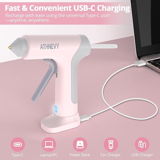 Cordless Hot Glue Gun, 10s Fast Preheat, 30PCS Mini Glue Sticks 7x100mm, 4V 20W Type-C Rechargeable, Anti-Drip, Auto-Off, for DIY Crafts, Repair, Decoration (Light pink)