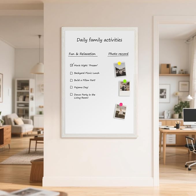 Large Dry Erase White Board for Wall, 48"x36", Vintage White Wooden Frame | Magnetic, Decorative Whiteboard, Wall Mounted, for Home, Office, Kitchen, Dorm, 4 Markers, 6 Magnets, A Eraser