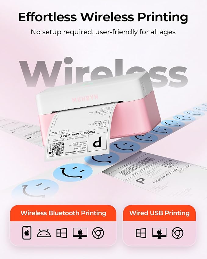 MUNBYN Bluetooth Thermal Label Printer, Wireless 4x6 Shipping Label Printer | Work for Small Business, Compatible with Android, iPhone, Windows, Mac, Chromebook, Print Width 1.57"-4.25"