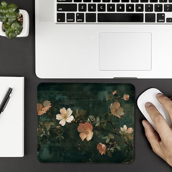 Dark Green Vintage Floral Square Mouse Pad, Farmhouse Moody Wild Rose Flower Mousepad Mat for Home Office Computer Gaming Desk Accessories 9.5x7.9 in