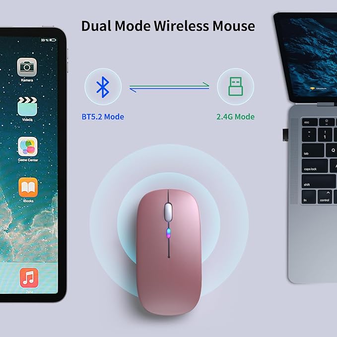 Wireless Bluetooth Mouse – Rechargeable, Silent, Dual Mode (Bluetooth 5.2 & USB) with LED Lights – Portable for Laptop, Desktop, & Tablet(Rose Gold)