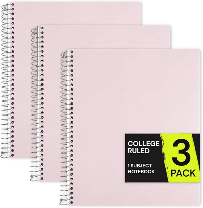 ONAVIA Pink 1 Subject Spiral Notebook College Ruled 3 Pack, 200 Pages | 100 Sheets, 9 x 11 in, Waterproof Plastic Cover, Durable, 3-Hole Punched, Divider, Double-Sided Pocket, Study
