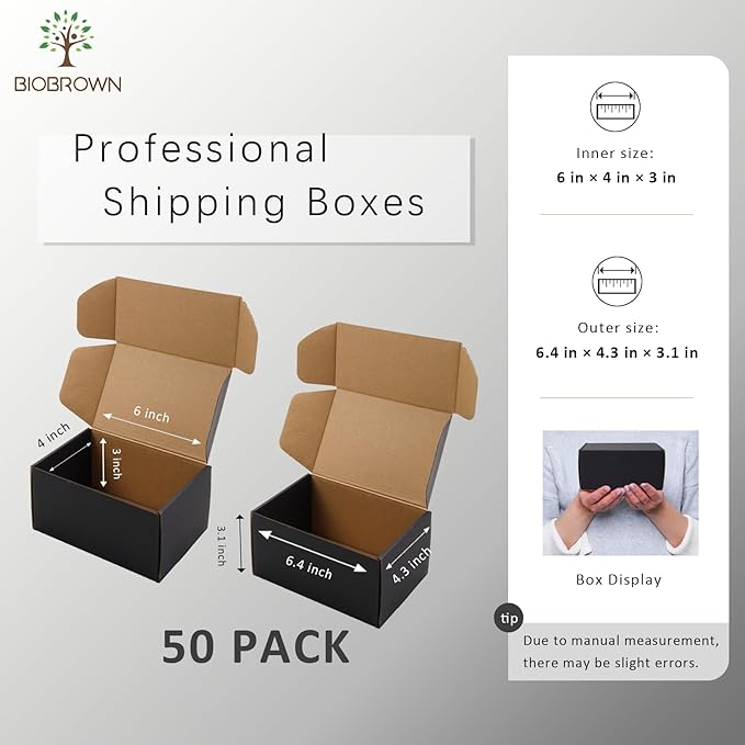 BIOBROWN 6x4x3" 50 Pack Corrugated Cardboard Boxes Small Shipping Box for Packaging Small Business Mailer Mailing Black