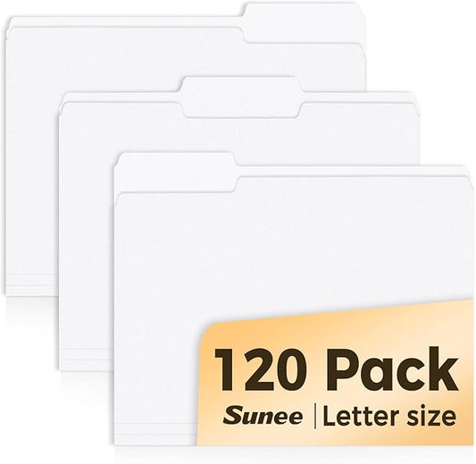 SUNEE File Folders, 120 Pack Manilla Folders 8.5 x 11, 1/3 Cut Tab for Easy Labeling and Organization, Durable Standard Paper for Home, Office, School Filing, White