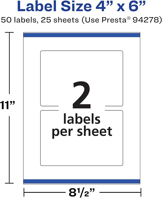 Avery Matte White Rectangle Labels, Sure Feed Technology, 4" x 6", 50 White Labels, Print-to-The-Edge, Permanent Adhesive, Laser/Inkjet Printable