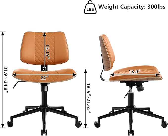 Modern Armless Office Chair with Wheels, Wide Seat Walnut, Brown | Adjustable Swivel Desk Chair with Mid Back & Tilt Function, Faux PU Leather Mid Century Modern Task Office Chair, 300LBS Cap