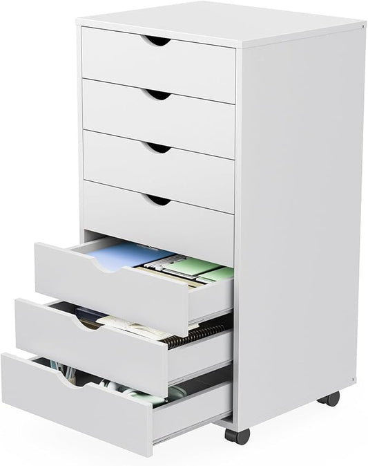 Sweetcrispy 7 Drawer Rolling Storage Cabinet, Wood Under Desk Mobile Dresser with Wheels, Small Organizer Chest for Home Office, Bedroom, Living Room, Compact Vertical Storage Furniture Unit, White | Fits Under Desk Dresser Chest for Home Office, Bedro...