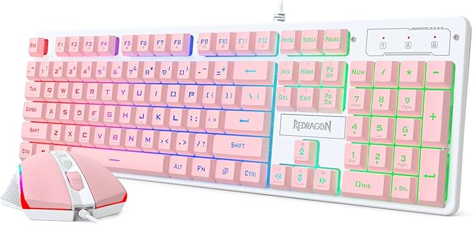 Redragon Updated S107WP Gaming Keyboard and Mouse, RGB Gaming Keyboard and 10000 DPI Mouse Combo with 25-Key Anti-Ghosting, 1K Hz Programmable Mice with Software, Plug & Play to PC, Laptop - Pink