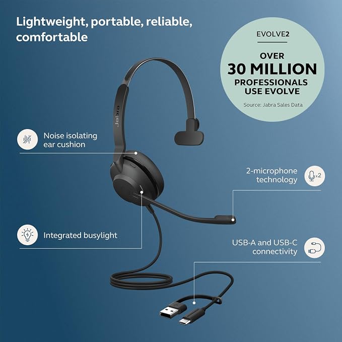 Jabra Evolve2 30 SE (2025 Version) Wired Single-Ear Headphones with Microphone – Computer Headset - USB-A and USB-C Cable - Microsoft Teams Certified - Works with All Meeting Platforms – Black