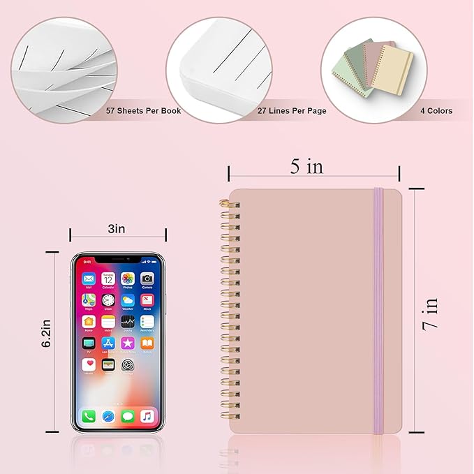 4 PCS Small Spiral Notebook 5x7, Spiral Journal Notebook, Notebooks for Work, School, Small Notebooks 5x7 with Strap, Cute Notebooks for Women 50 Sheets (Green)