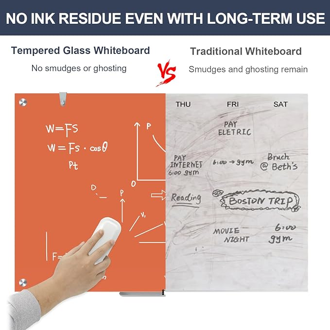Glass Whiteboard 36x24 Magnetic White Board Dry Erase Board for Wall | Magnetic Surface, Dry Erase, Large Frameless Glass Whiteboard, Ideal for Office Home School Classroom Kitchen