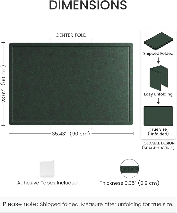 Fluxynara 35.4" x 23.6" Bulletin Board, Pine Green | Cork Board Alternative with 12 Removable Adhesive Tabs, Foldable Felt Pin Board for Home, Office, Classroom & Dorm