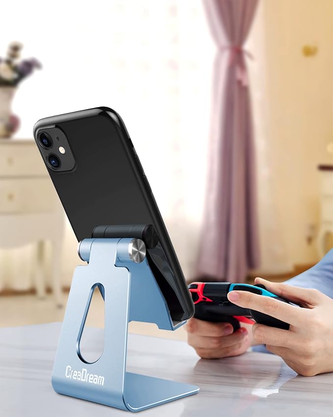 CreaDream Aluminum Cell Phone Stand, Adjustable Phone Holder for Desk | Adjustable Viewing Angle, Desktop Stand, Stable Base, Fits iPhone 17 16 15 14 13 Pro Max Desk Accessories, Sierra Blue