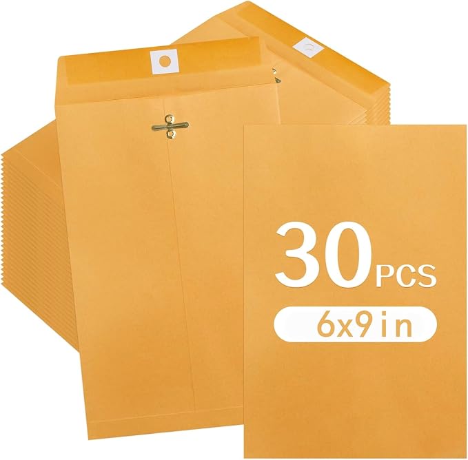 30 Pcs Manila Envelopes 6 x 9 Inch, Kraft Envelopes with Clasp Closure | 28lb Gummed Seal Brown Mailing Envelopes for Office, School, Business, Home Use